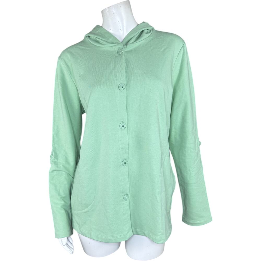 Denim & Co. Beach French Terry Roll Tab Sleeve Hooded Jacket Fresh Sage Small